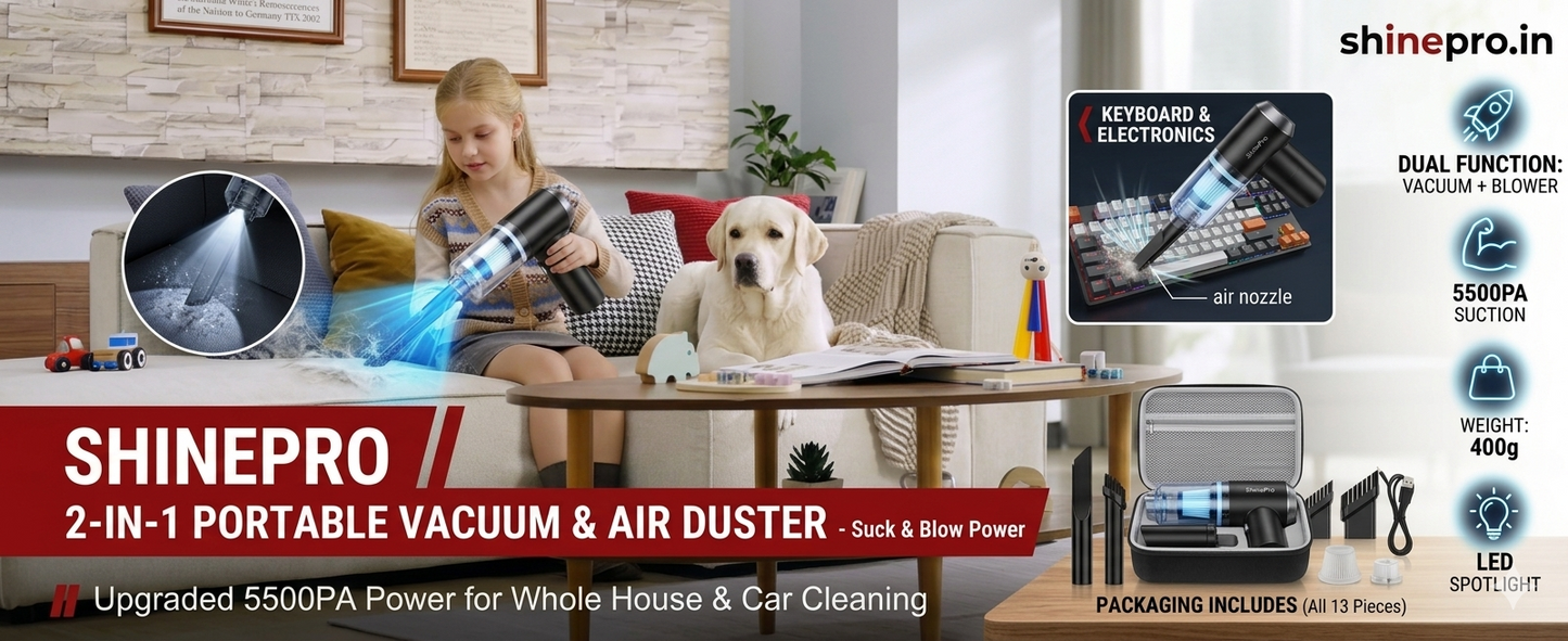 ShinePro Portable 2-in-1 Vacuum Cleaner & Air Duster for Car & Home