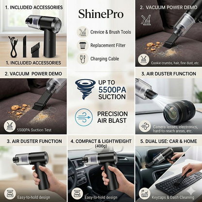 ShinePro Portable 2-in-1 Vacuum Cleaner & Air Duster for Car & Home